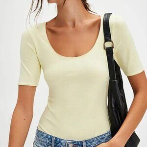 NWOT‎ Free People High Noon Bodysuit Yellow Short Sleeves Scoop Neck S Cotton